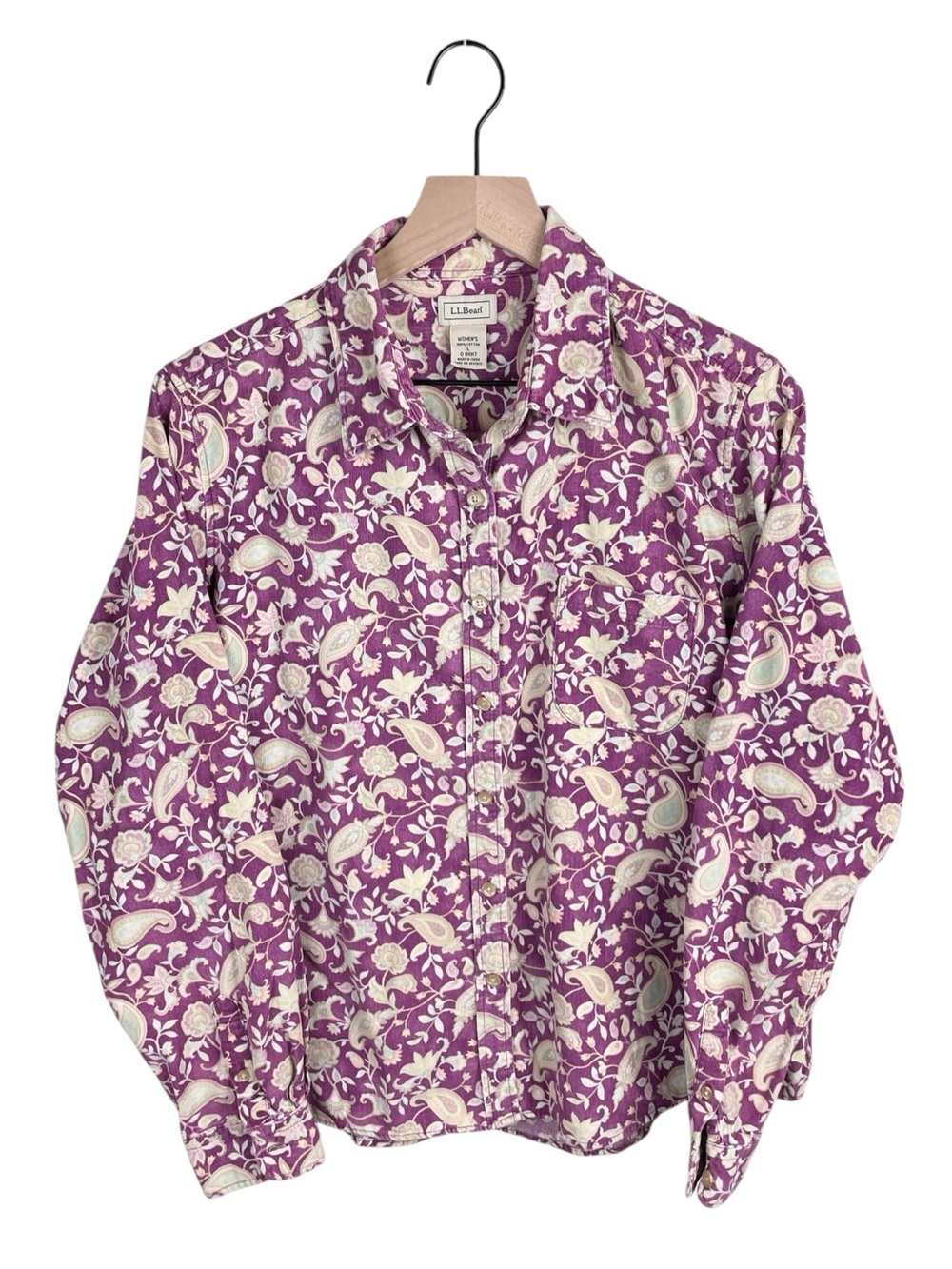 Vintage L.L. Bean Purple Corduroy Paisley Button Down Shirt Size Large FLAWED